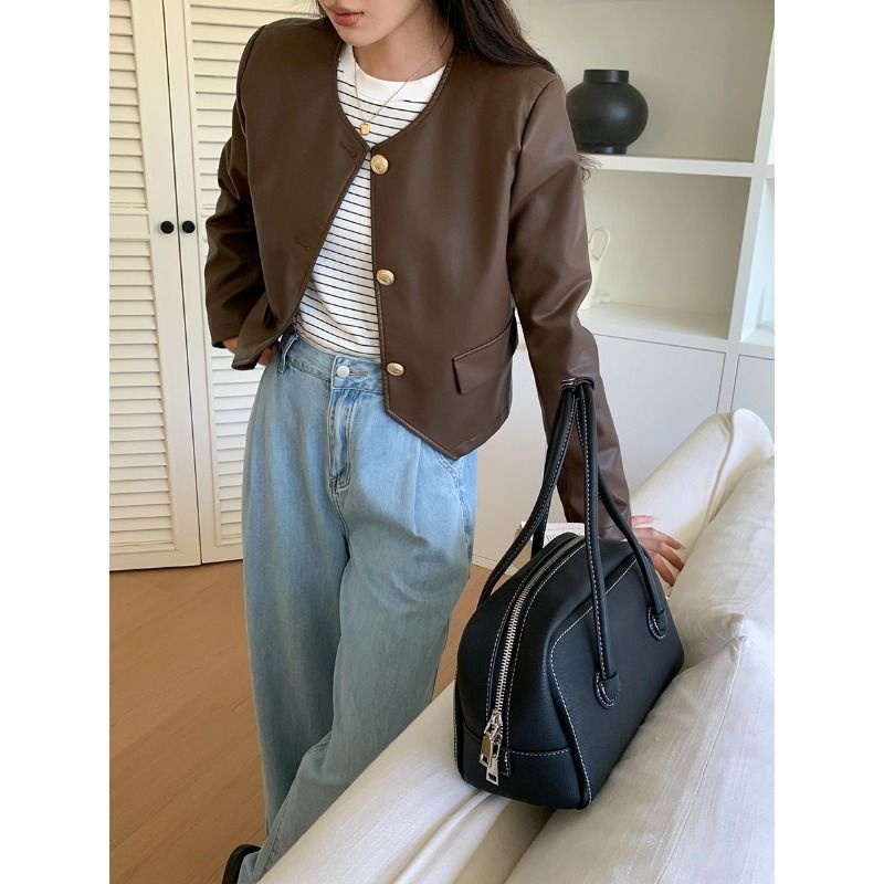 黑巧布蕾 复古甜酷哑光PU皮圆领外套短款ZY1992 强明女装