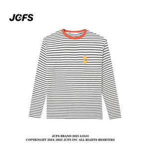 JCFS美式复古条纹长袖T恤女2025春秋新款宽松显瘦休闲圆领上衣潮