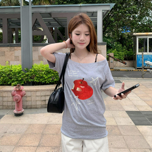 JCFS~美式复古苹果印花短袖T恤女2025夏季新款宽松显瘦休闲上衣潮