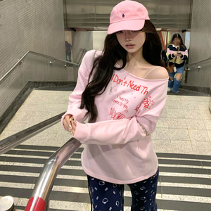 JCFS美式斜肩上衣女辣妹长袖T恤2025夏新款小个子宽松慵懒风上衣