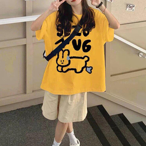 JCFS姜黄色小个子减龄短袖T恤女夏季新款可爱印花宽松上衣设计感