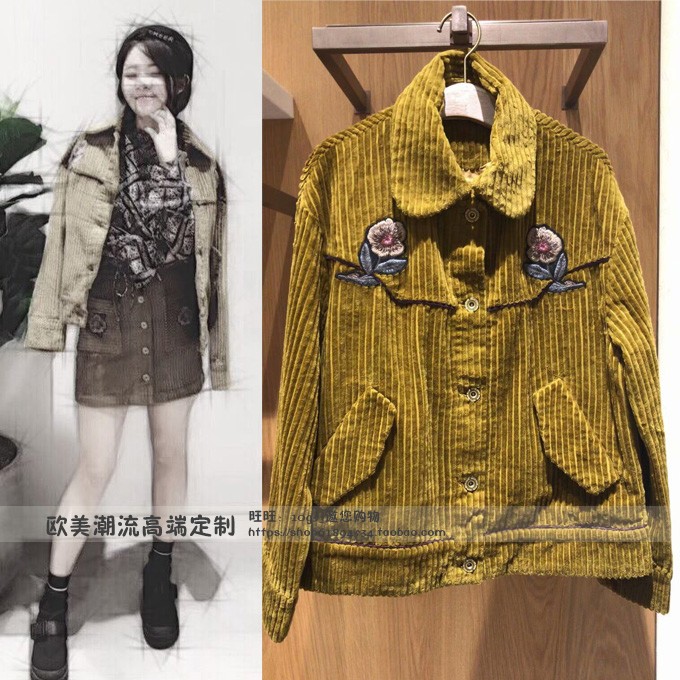 2018秋新款百搭宽松显瘦花朵刺绣翻领单排扣长袖短外套女3F4F408