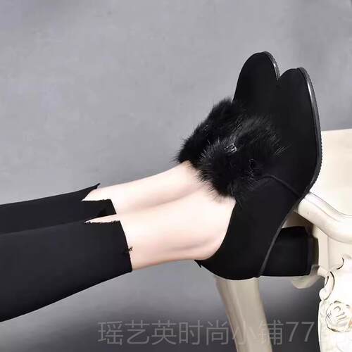 正品2024跟新毛毛鞋女冬季加绒时款尚外穿羊皮中砂皮单鞋真磨皮高