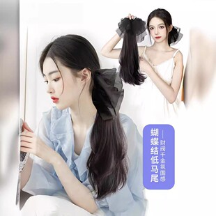 马尾假发女长卷发抓夹高马尾真发网红甜美蝴蝶结低扎辫