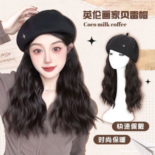 贝雷帽假发一体女长卷发秋冬水波纹假发帽子真发八角帽全头套