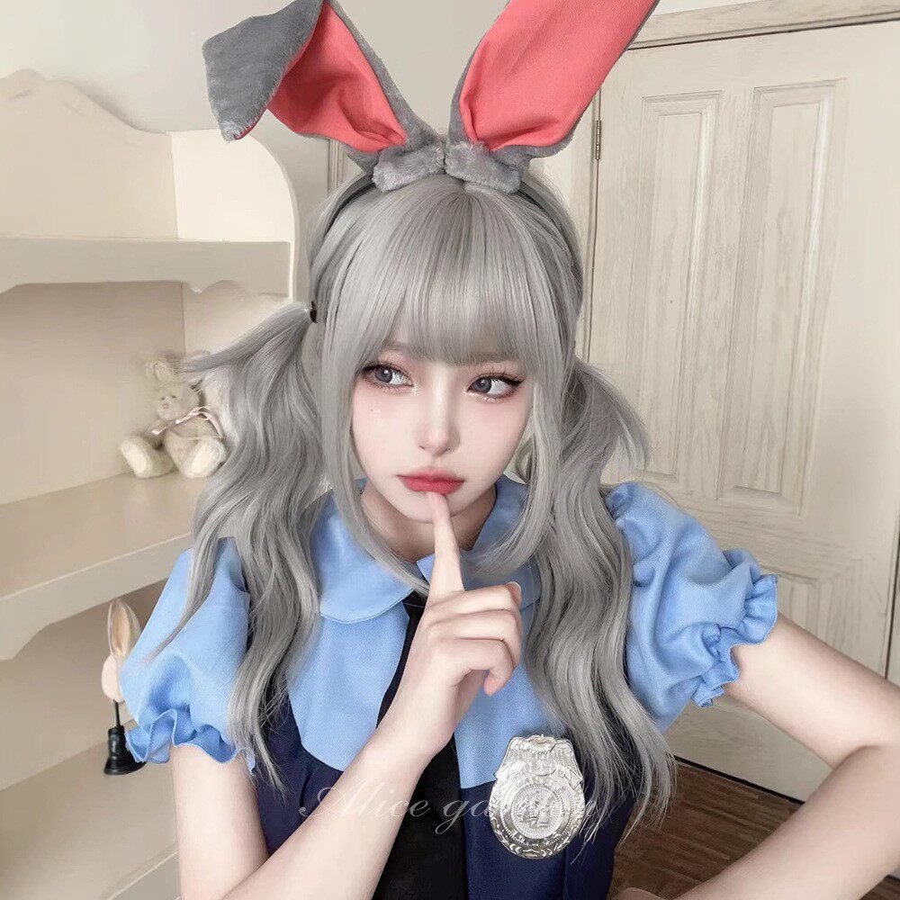 假发女Lolita银灰色长卷发自然真发大波浪齐刘海cos假发全头套