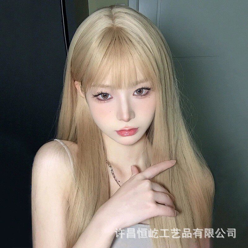 假发女齐刘海长直发JK自然蓬松白金色粉色蜜糖棕学生整顶全头套