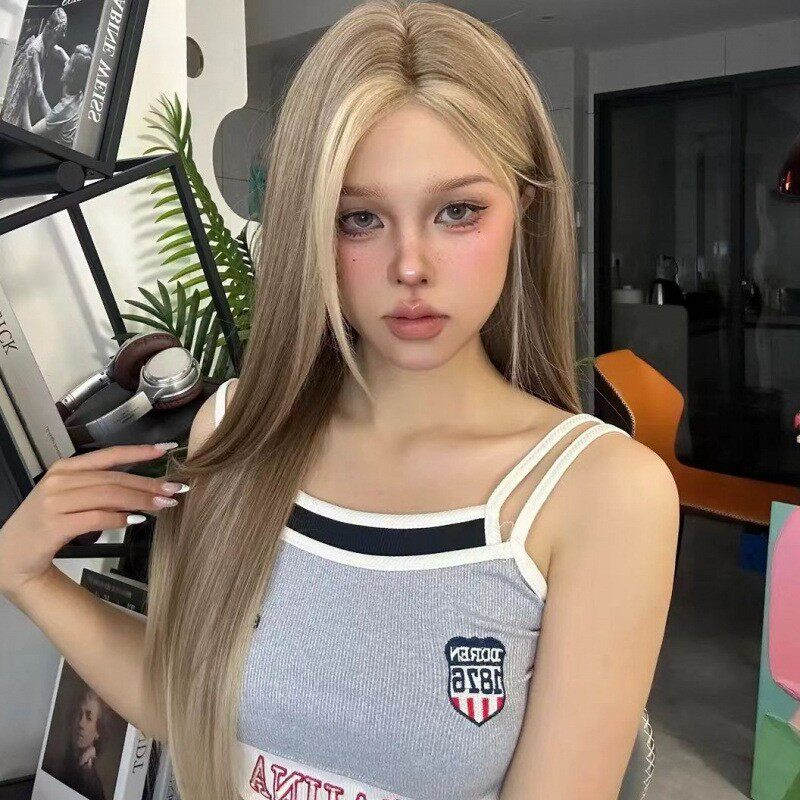 科尼【亚裔model】前额蕾丝假发女全头美式金棕挑染渐变中分假发