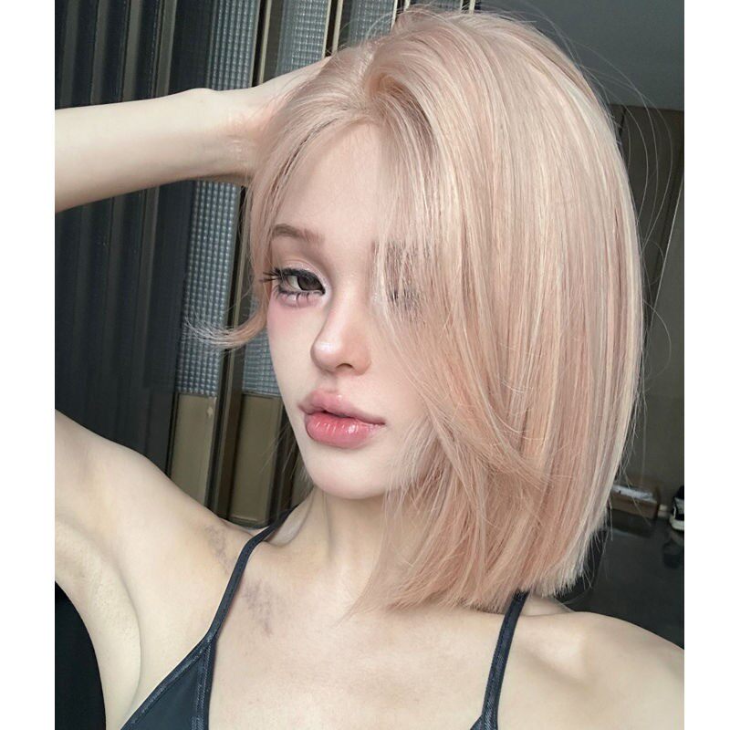 假发女粉金色齐肩锁骨发夏季新款中分刘海百搭日常假发全头发型