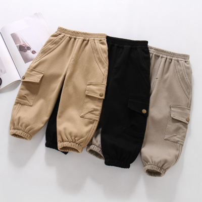 秋冬季新款男童裤子加绒一体绒薄绒直筒裤儿童百搭潮纯棉布工装裤