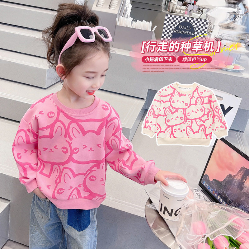 春秋新款女童网红宽松小猫咪满印卫衣长袖百搭时尚套头上衣