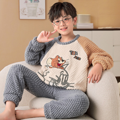 秋冬季男童珊瑚绒家居服套装大童男孩法兰绒儿童睡衣加厚可外穿