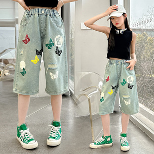 女童牛仔裤夏季薄款外穿短裤女中大童宽松五分裤夏装破洞儿童裤子