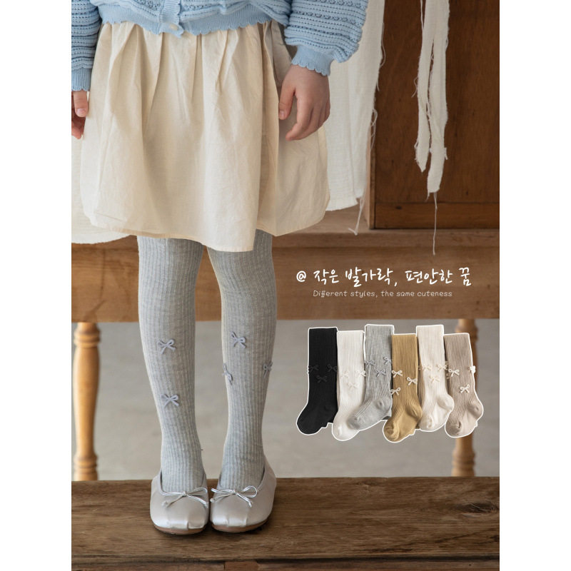 新款春秋女童棉袜儿童紧身裤薄款竖条韩系多蝴蝶结糖果色竖条裤袜