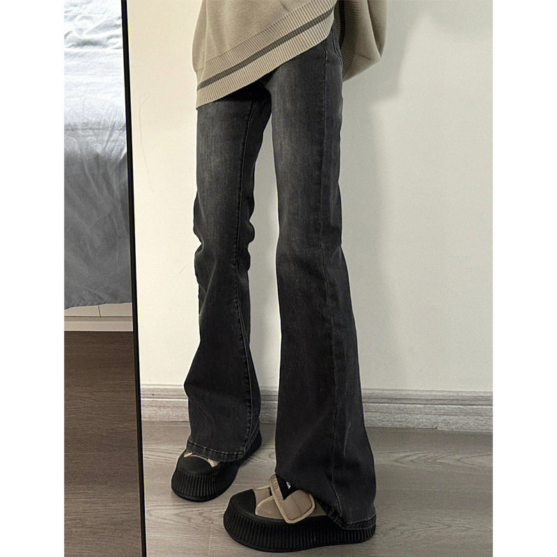 美式烟灰色牛仔裤女秋冬加绒胖妹妹mm高腰宽松显瘦直筒微喇拖地裤