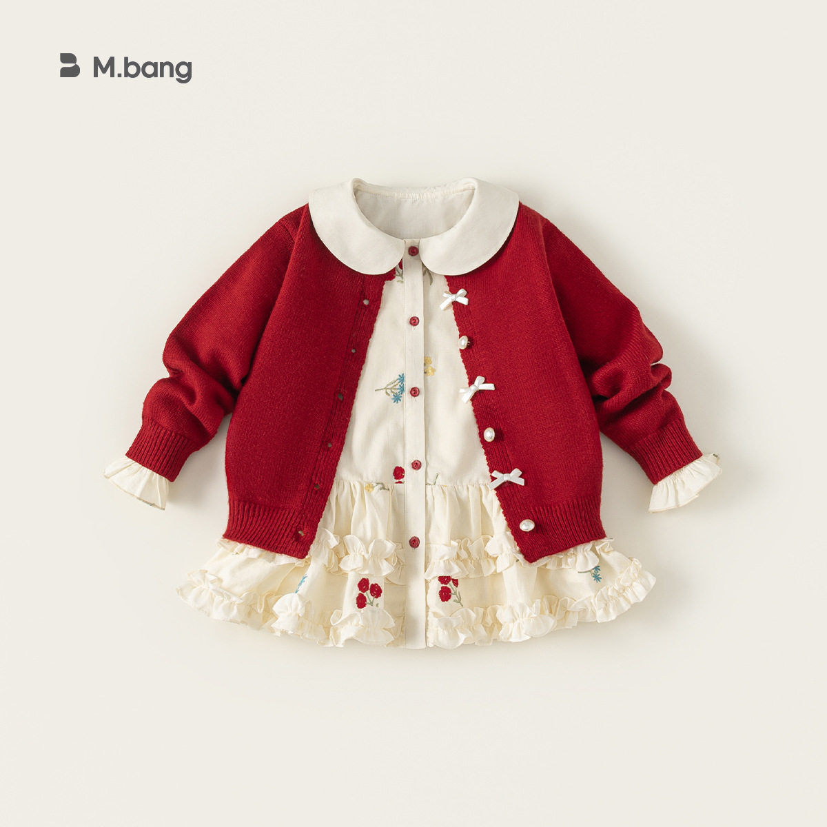 邦选童装春季新品娃娃领衬衫裙女童连衣裙套装针织开衫儿童两件套