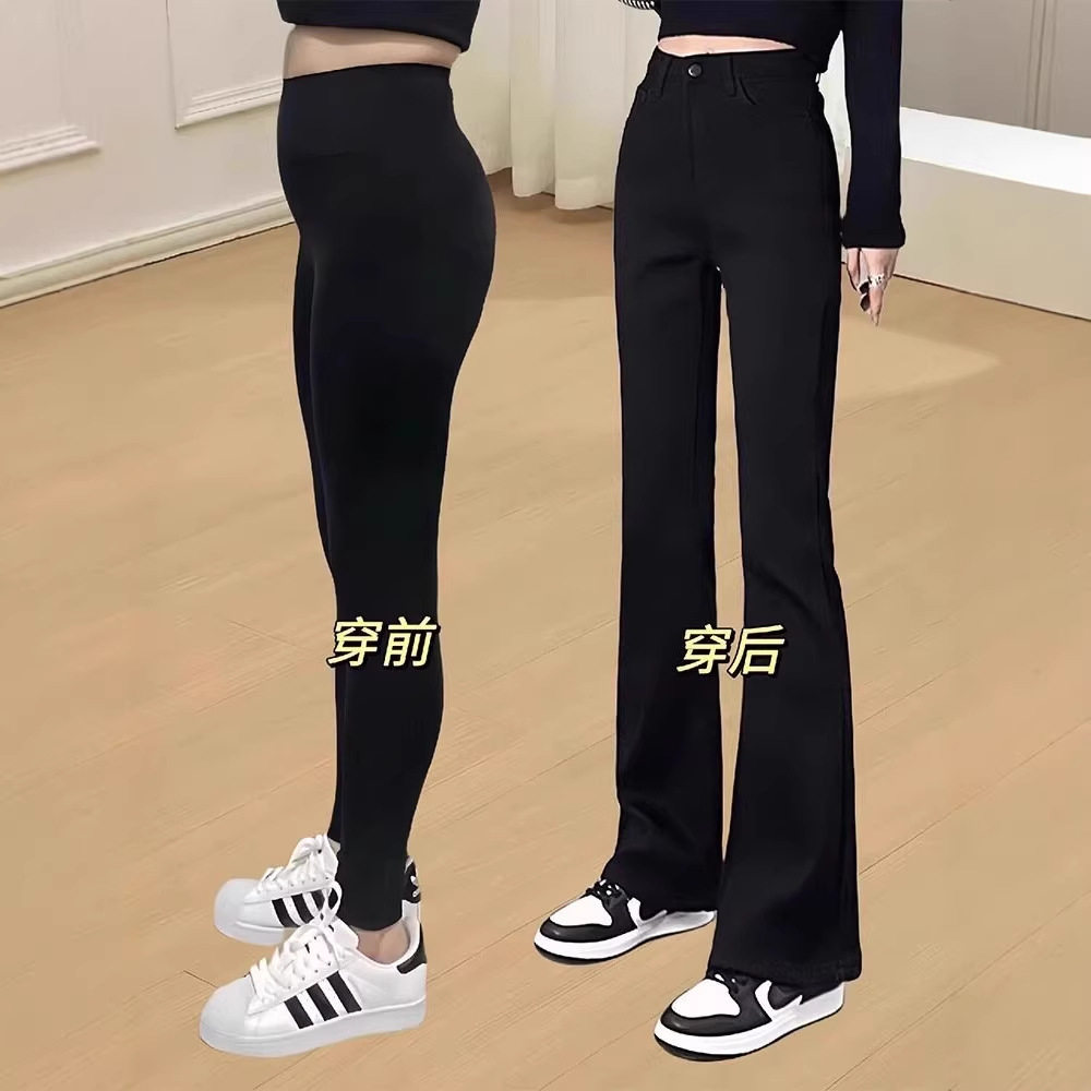 大码黑色微喇牛仔裤女秋冬季加绒胖mm高腰遮胯梨形身材弹力喇叭裤