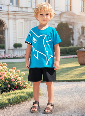 Little maven夏季可爱儿童短袖套装卡通鲨鱼男童套装欧美纯棉童装