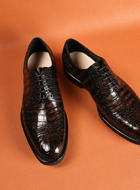 ARESGATOR纯鳄鱼皮鞋橡胶底牛津布洛克商务男士真皮正装定制皮鞋
