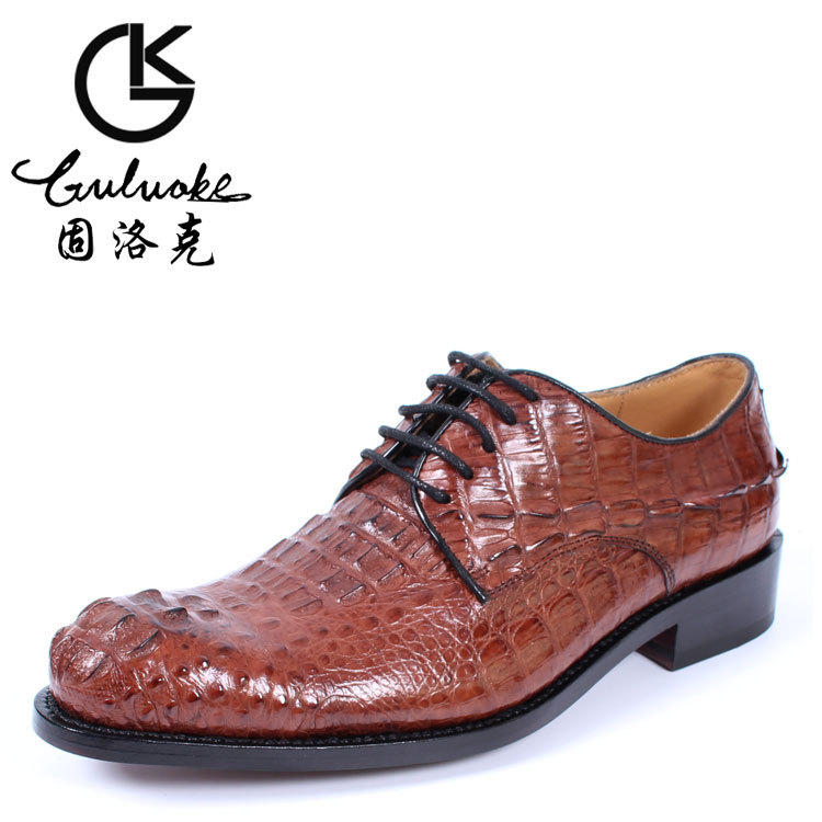 英伦风鳄鱼皮皮鞋手工制作真皮鞋系带低帮正装商务皮鞋男