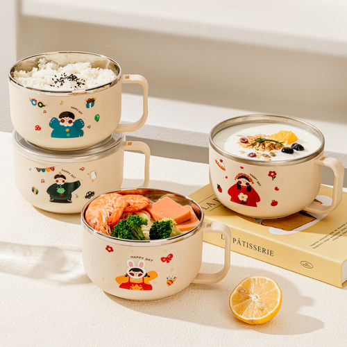 不锈钢泡面碗带盖带手柄大容量宿舍学生个人专用碗可微波炉耐高温