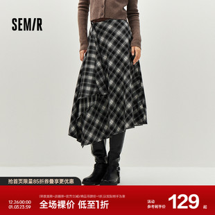 森马半身裙女冬磨毛格纹长裙2025新款 设计感不规则A字裙 甜酷个性