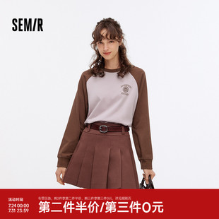 森马长袖 上衣 T恤女中长款 宽松字母圆领衣服秋潮流复古撞色插肩袖