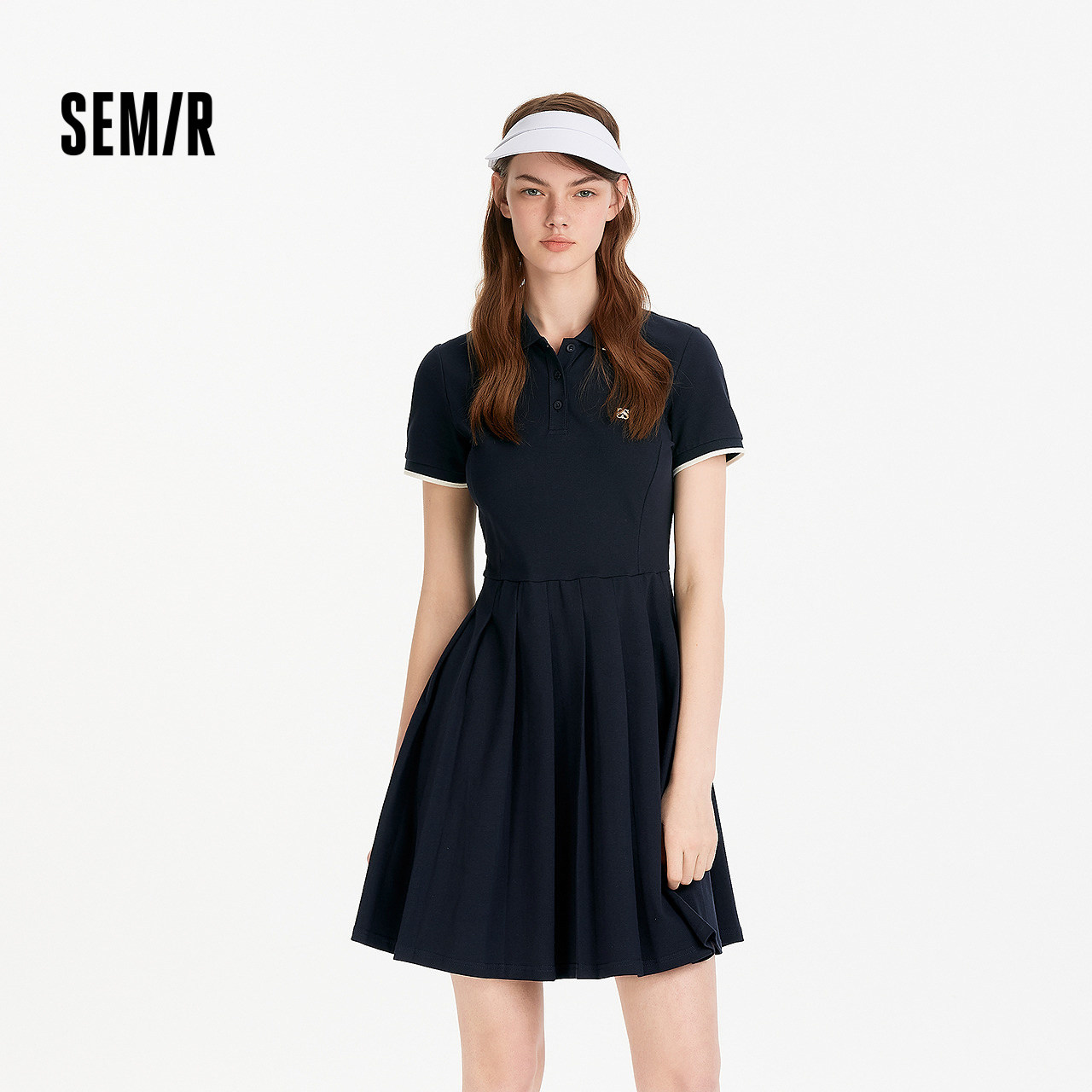 森马连衣裙女夏季撞色polo领短裙字母休闲显瘦运动风学院风百褶裙