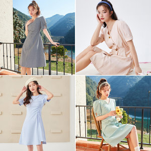 森马连衣裙女v领泡泡袖质感格纹裙2022夏季新款气质修身裙子甜美