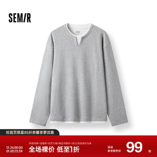 宽松百搭 秋装 森马长袖 T恤男拼色假两件t恤华夫格肌理上衣2025新款