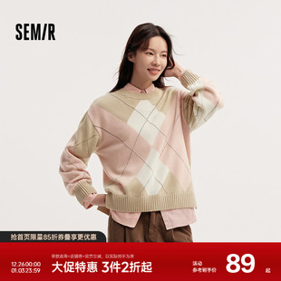 慵懒学院风毛衫 森柔 森马毛衣女冬菱形格撞色落肩圆领宽松套头衫
