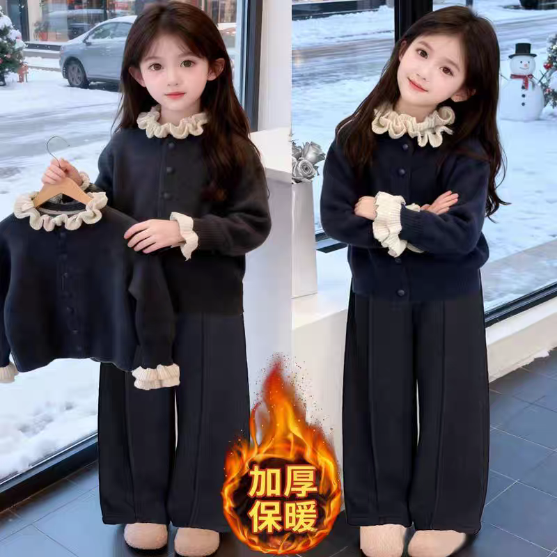 女童毛衣套装2025冬季新款童装中大童洋气针织衫加绒加厚裤两件套