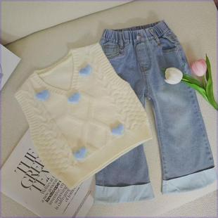 女童春秋款公主风套装2025新款儿童装清新中童针织背心牛仔裤套装