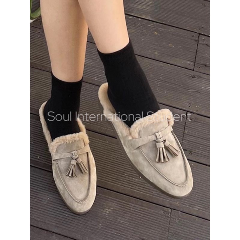 仙女风加绒流苏穆勒拖灰姑娘冬季保暖平底外穿懒人包头半拖鞋