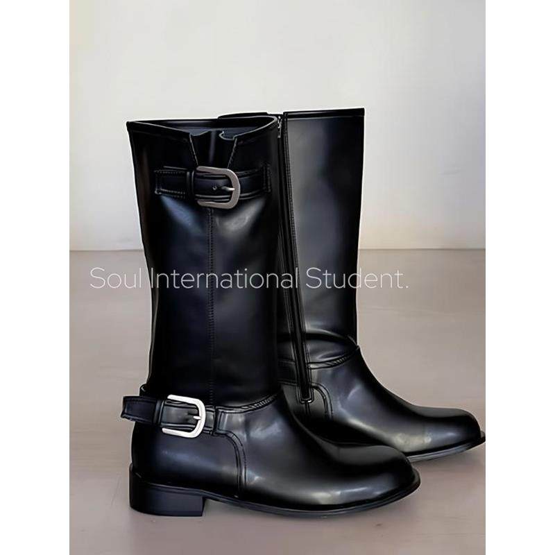 欧美风皮带扣骑士靴女灰姑娘秋冬黑色高筒长靴显瘦粗跟机车靴,女鞋,骑士靴,淘宝优惠券,粉丝福利购,淘宝优惠卷