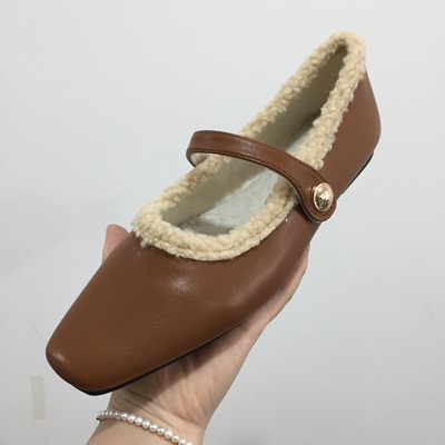 平底方头玛丽珍鞋加绒单鞋