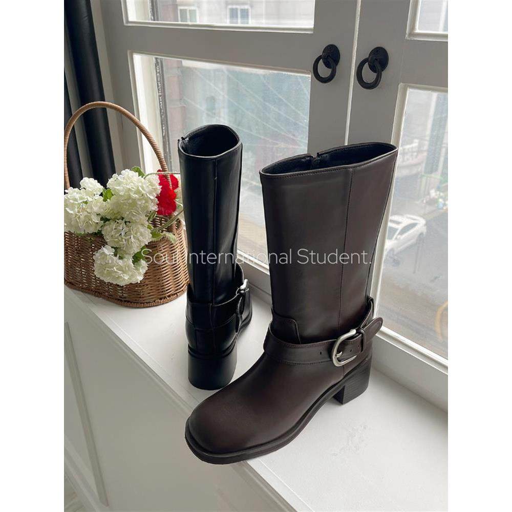 欧美风皮带扣骑士靴女灰姑娘秋季方头粗跟中筒靴显瘦机车靴,女鞋,骑士靴,淘宝优惠券,粉丝福利购,淘宝优惠卷