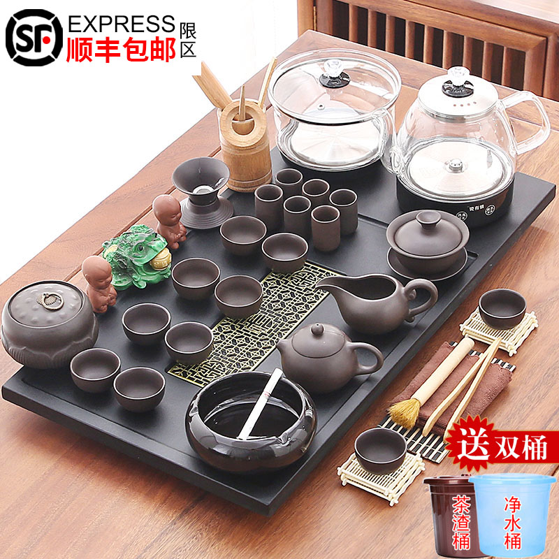 整块石头茶具套装茶盘全自动镶入式玻璃底部上水一体家用茶台整套