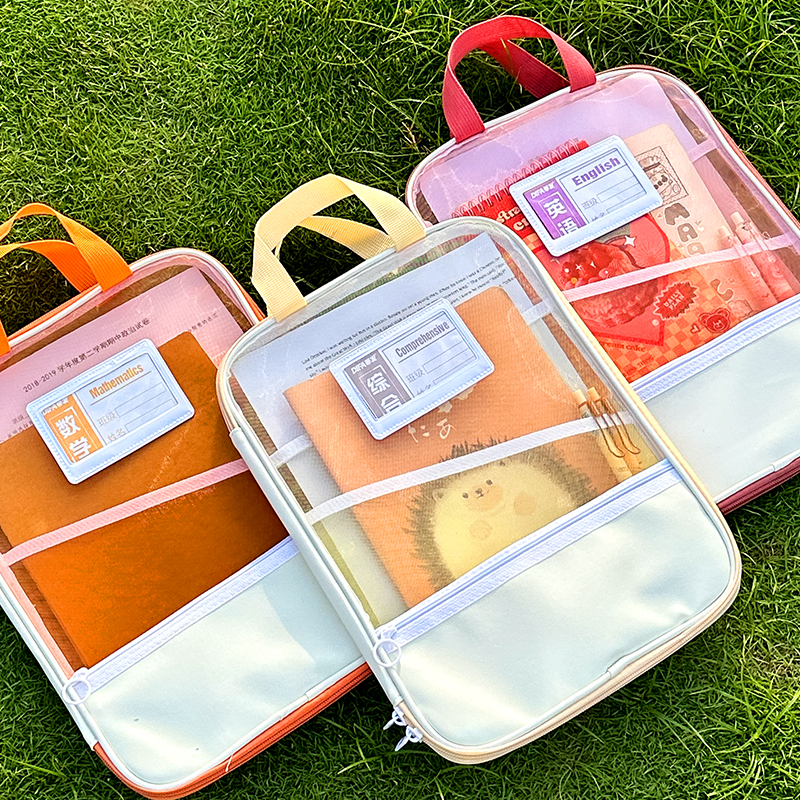 卡斐乐a4手提网纱文件袋透明拉链式小学生科目分类袋开学文具用品