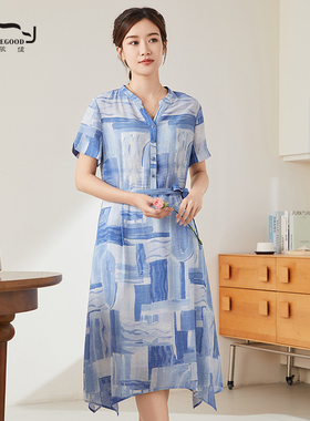 依伽依佳2024夏新款修身优雅文艺印花不规则中裙连衣裙女ENXL043