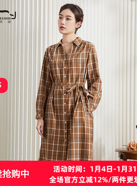 依伽依佳2024春季新款文艺复古气质百搭格纹长袖连衣裙女ENCL008