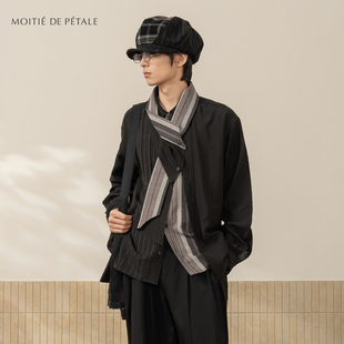 撞色长袖 半片花瓣「风痕」明线打褶条纹拼接双层衬衫 可拆卸围巾