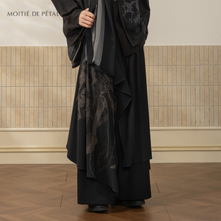 半片花瓣「柚叶」植物印花双重压褶飞片裙裤 羊毛暗黑灯笼阔腿裤