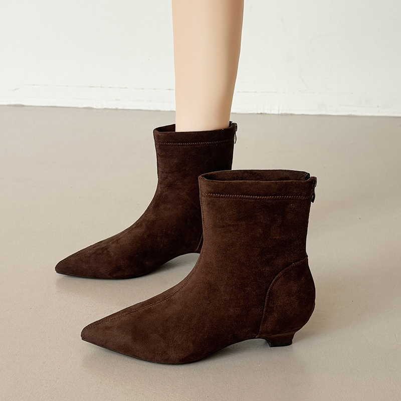 法式绒面尖头小短靴女加绒