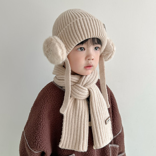 秋冬季 儿童帽子围巾两件套加绒男童毛线针织护耳帽中大童女男孩潮