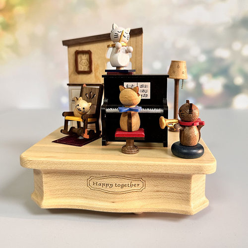 台湾jeancard实木音乐盒猫咪钢琴