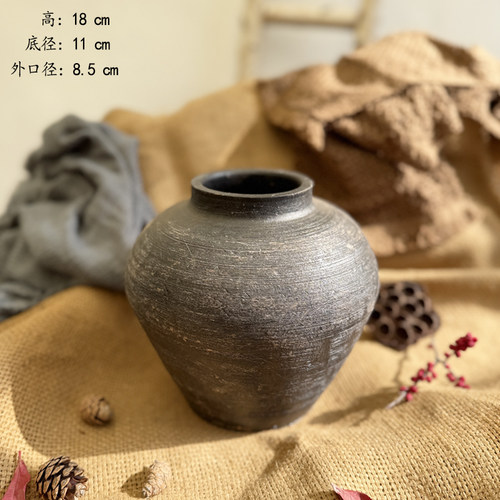 复古做旧粗陶盆插花摆件大肚径盆造景装饰 土培花器