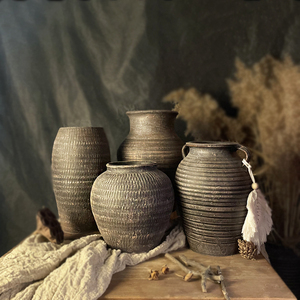 复古新中式手工陶罐粗陶花盆侘寂风做旧干花插花摆件陶瓶多肉花盆