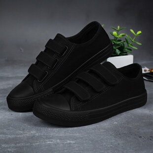 潮鞋 时尚 低帮一脚蹬板鞋 男女韩版 百搭休闲风全黑色魔术贴帆布鞋