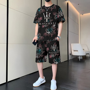 夏季休闲男士薄款时尚外穿短袖短裤套装潮牌宽松显瘦印花两件套